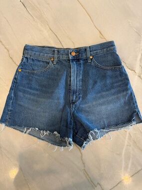 Wrangler Frayed Hem Medium Blue Denim Shorts